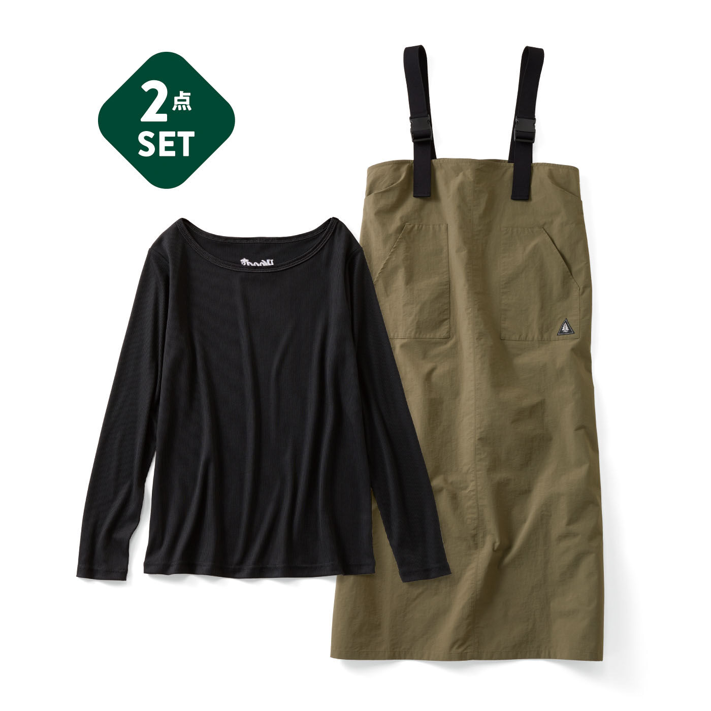 IEDIT | WOODSカットソートップス＆サロペットワンピセット〈ブラック&times;カーキ〉