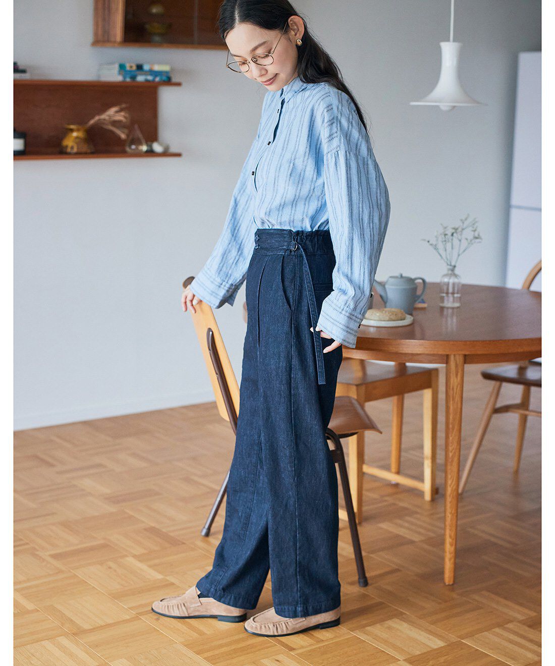 and myera|and myera　勿忘草色のストライプシャツ