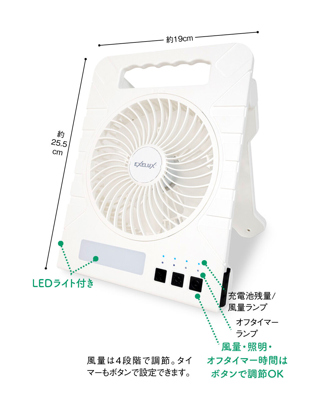 FELISSIMO PARTNERS|停電時もアウトドアでも頼もしい 大容量10000mAh バッテリー内蔵 EXELUX（エグゼラックス） ウルトラソーラーファンコンパクト