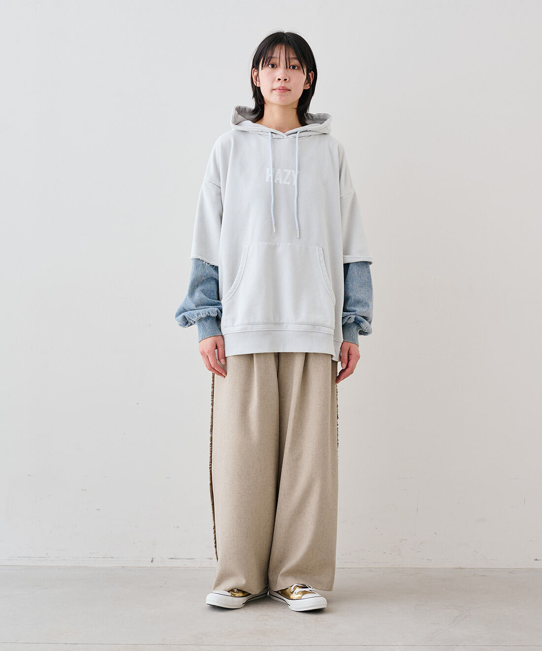 MEDE19F|デニムコンビフーディー〈ブルーグレイ〉のコーディネート