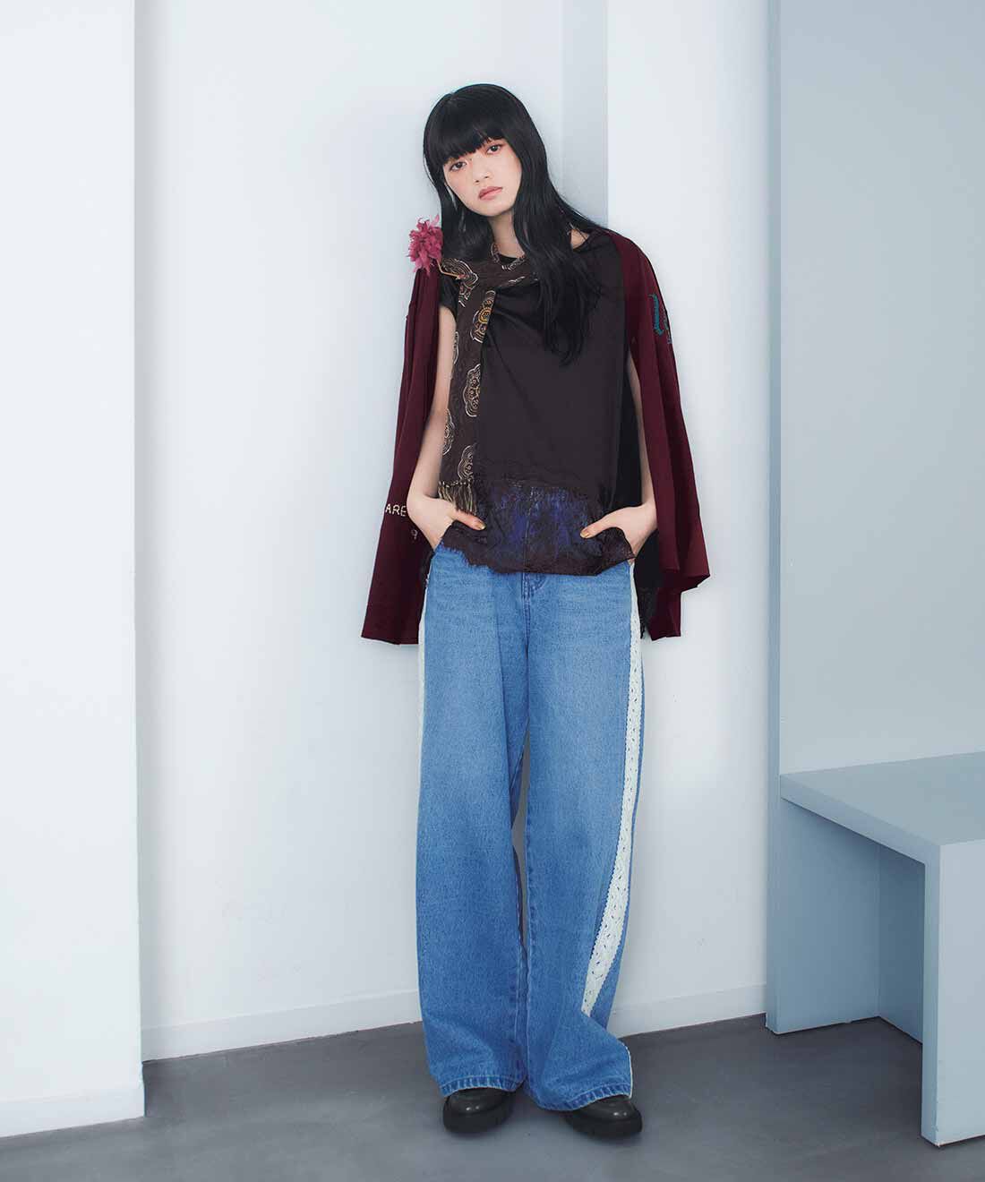 MEDE19F|MEDE19F　レースサイドラインの加工デニム〈インディゴブルー〉