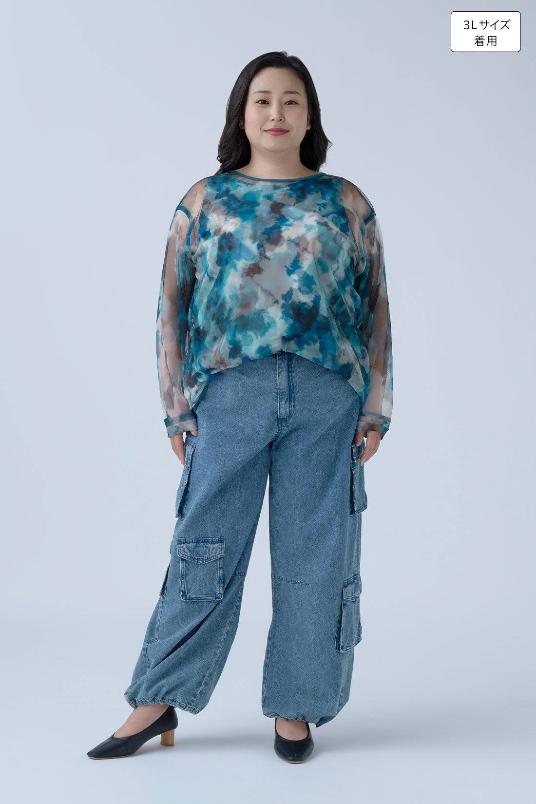 MEDE19F|マーブル柄 シアートップス〈グリーン〉のコーディネート|身長：160cm バスト：113cm ウエスト：90cm ヒップ：115cm 太ももまわり：63cm