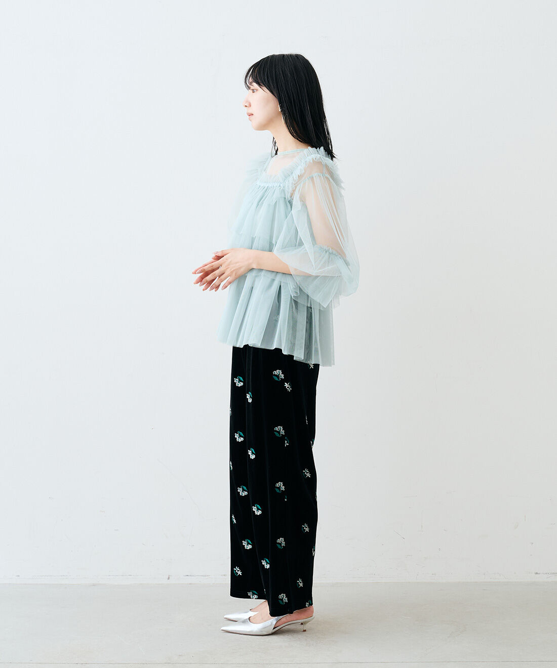 MEDE19F|MEDE19F　贅沢にチュールを重ねたビスチェトップスセット〈ミント〉|モデル身長：163cm　着用サイズ：M