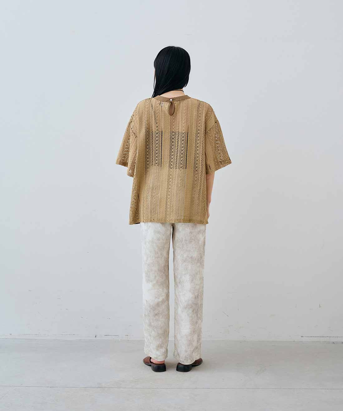 MEDE19F|レースナンバーコラージュトップス　とレースナンバーコラージュトップス　とムラ染め調 プリントイージーパンツ〈アイボリー〉のコーディネート|163cm　size：M