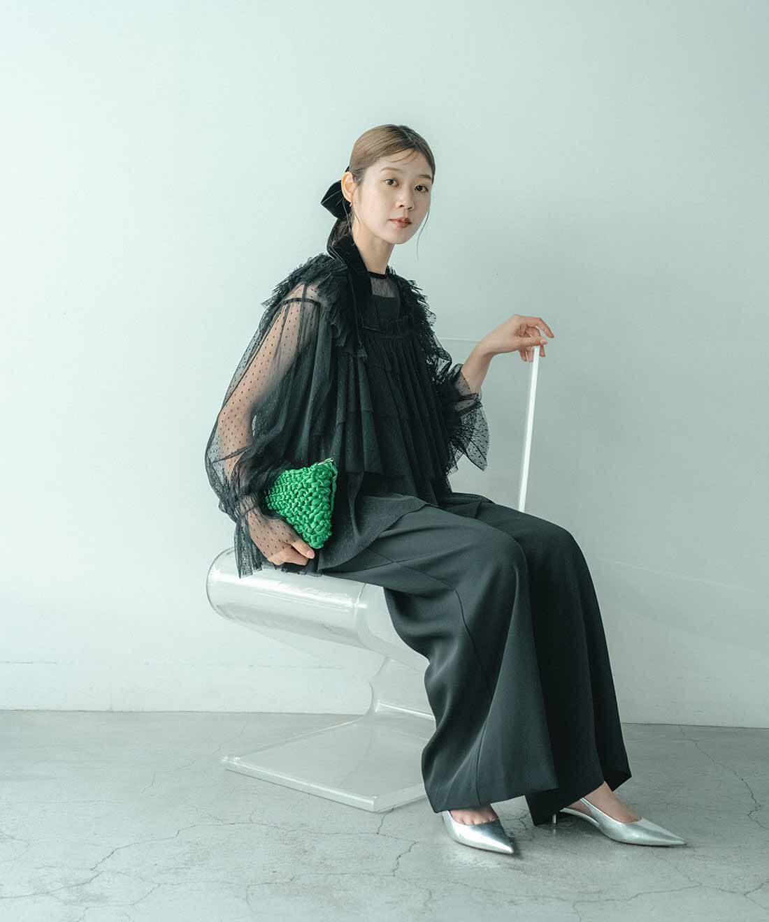 MEDE19F|MEDE19F　贅沢にチュールを重ねたビスチェトップスセット〈ブラック&times;ドット〉