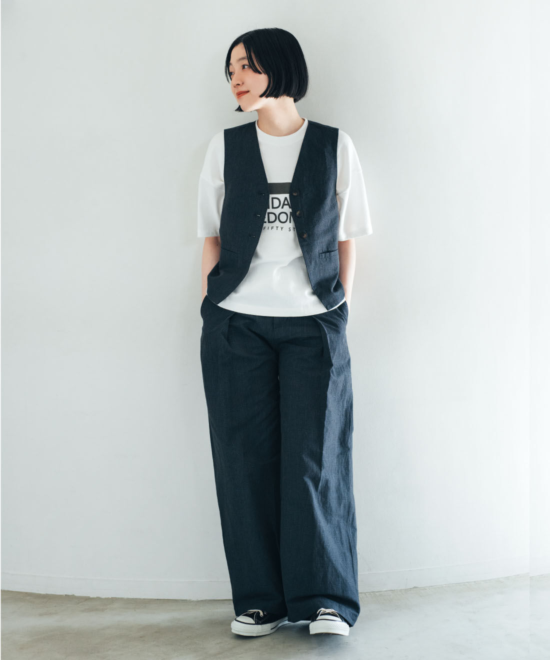 THREE FIFTY STANDARD|THREE FIFTY STANDARD　小谷実由さんと作ったセットアップで使えるチェックジレ〈ダークチャコール〉
