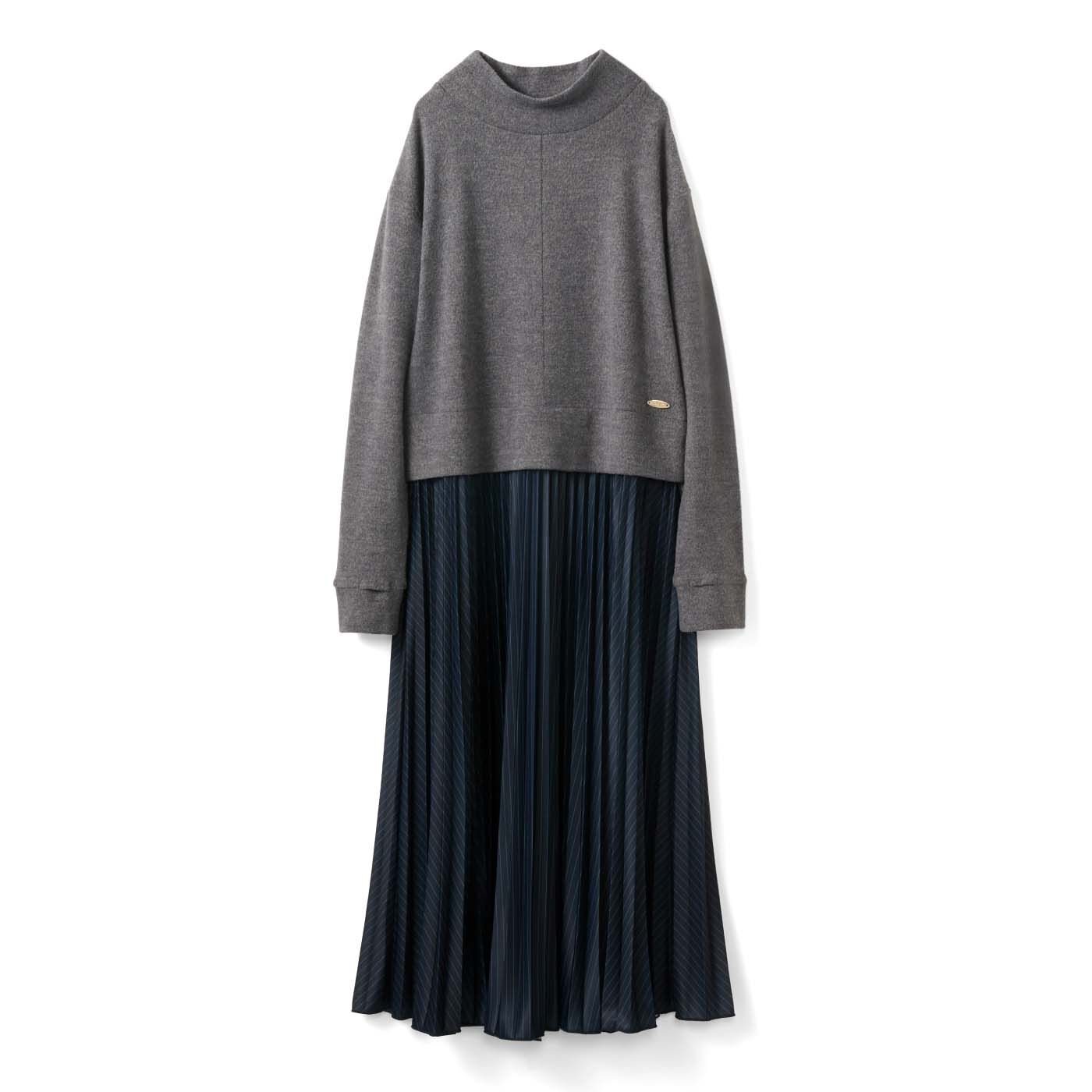 frauglatt | 大人の女史会&times;frauglatt異素材ドッキングプリーツワンピース〈艶ネイビー〉