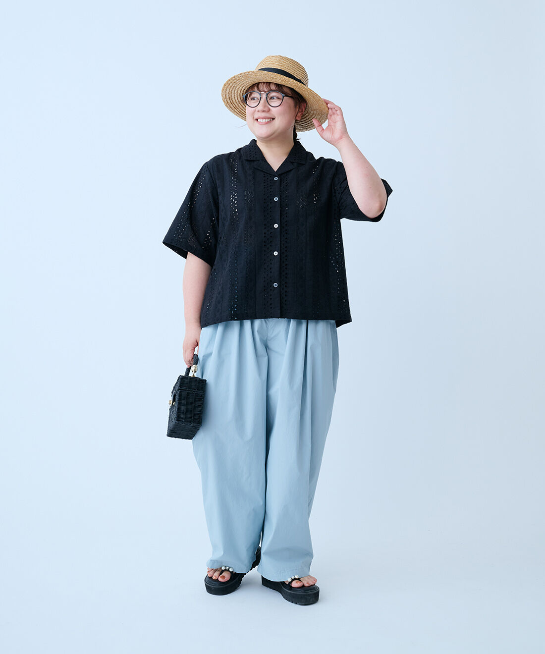 THREE FIFTY STANDARD|接触冷感コットンダンプの バルーンシルエットパンツ〈ライトブルー〉のコーディネート