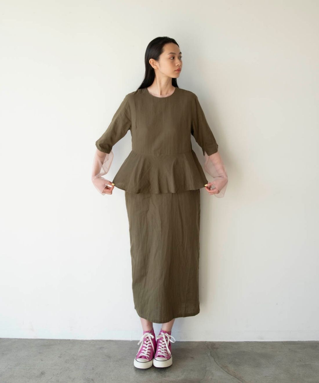 mensha! | ガーゼでドレスアップ! ペプラムワンピース〈カーキ〉