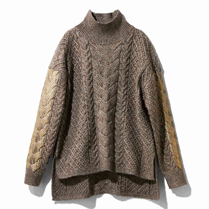 MEDE19F　タック遣いのへリンボン柄ワイドパンツ〈ニュアンスブラウン〉